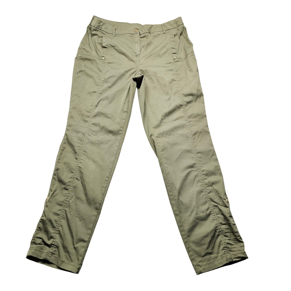 Chicos Olive‎ Green Ankle Utility Pants Size 1.5 Ruched Hem Studded Cotton Blend